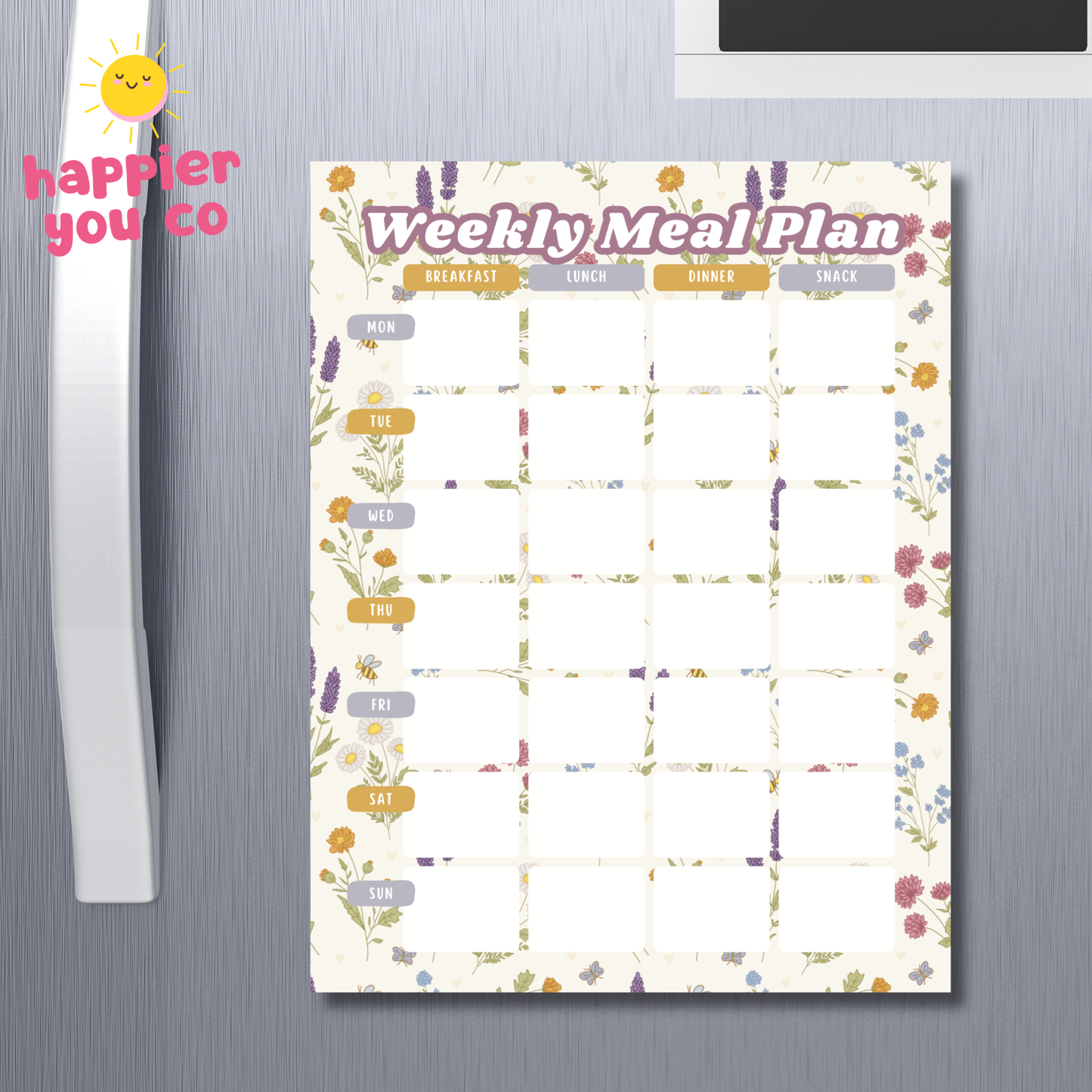 Weekly meal plan sheet with floral design on a refrigerator