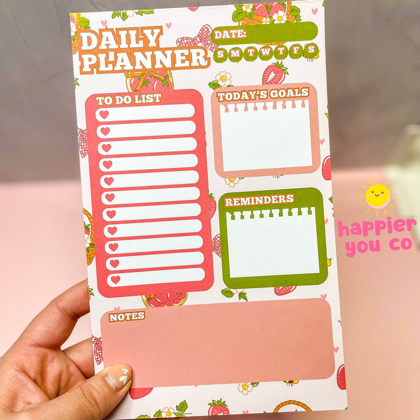 Daily planner with to-do list, goals, and reminders on a colorful background.