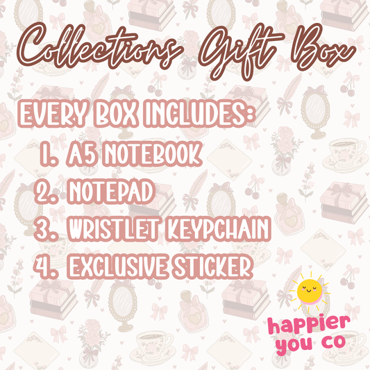 Gift box collection description with items included on a patterned background