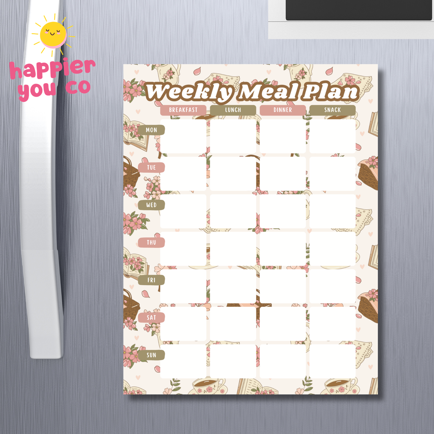 Weekly meal plan sheet on a refrigerator with 'happier you co' branding.