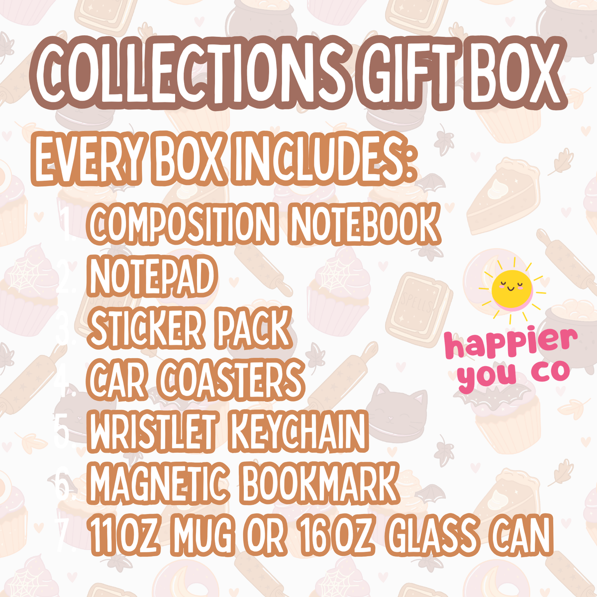 A promotional graphic for a 'Collections Gift Box' listing on a white background with a light pastel pattern of baking items. The text outlines the included items: a composition notebook, notepad, sticker pack, car coasters, wristlet keychain, magnetic bookmark, and a 11oz mug or 16oz glass can.