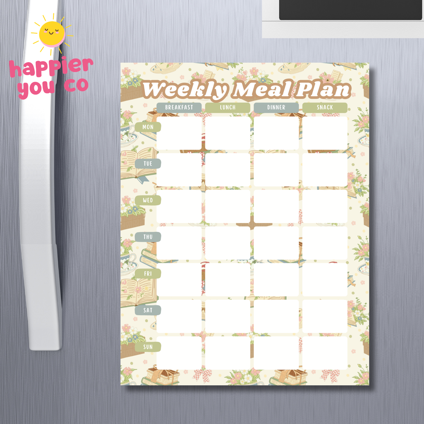 Weekly meal plan sheet on a refrigerator with 'happier you co' branding.
