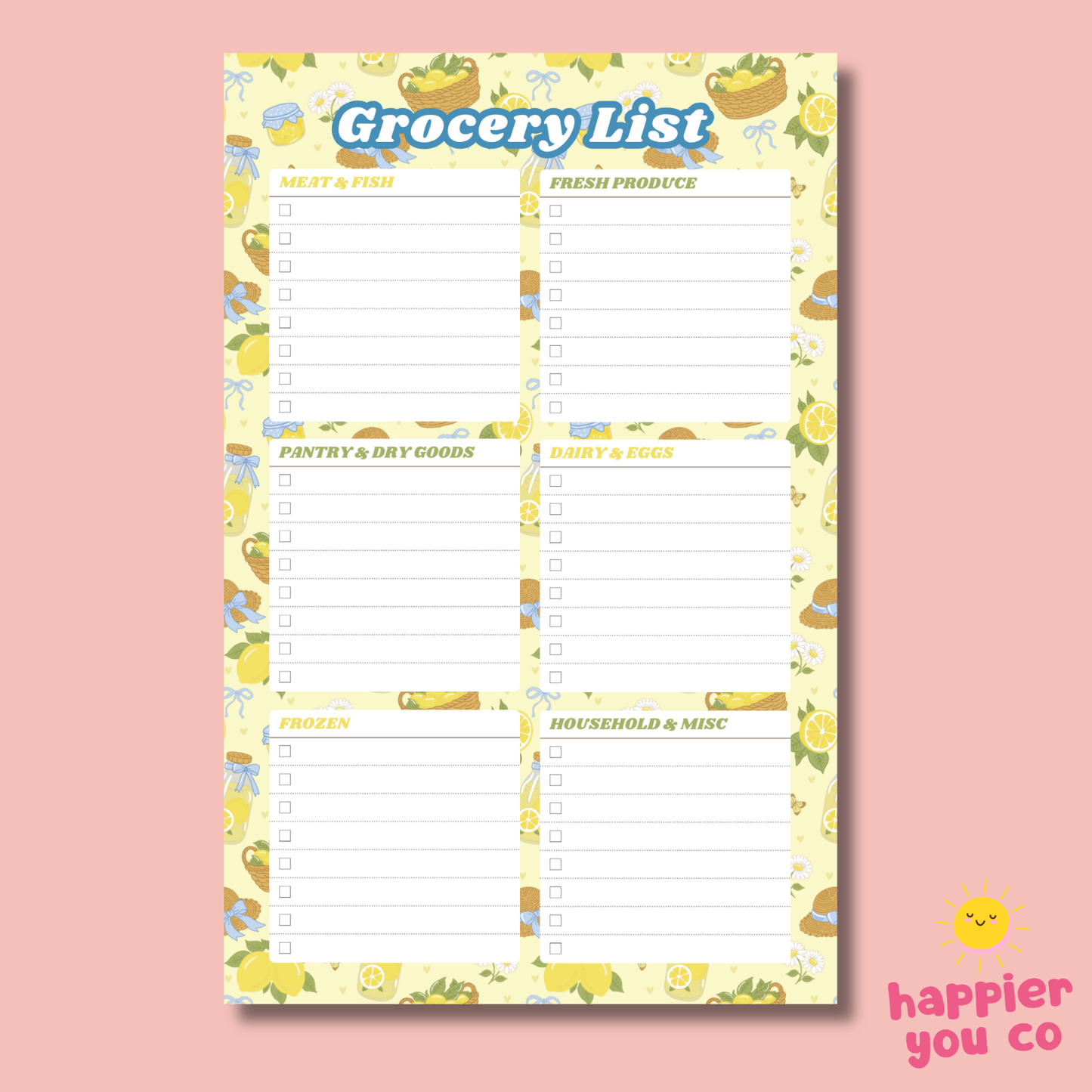Grocery list notepad with colorful produce illustrations on a pink background