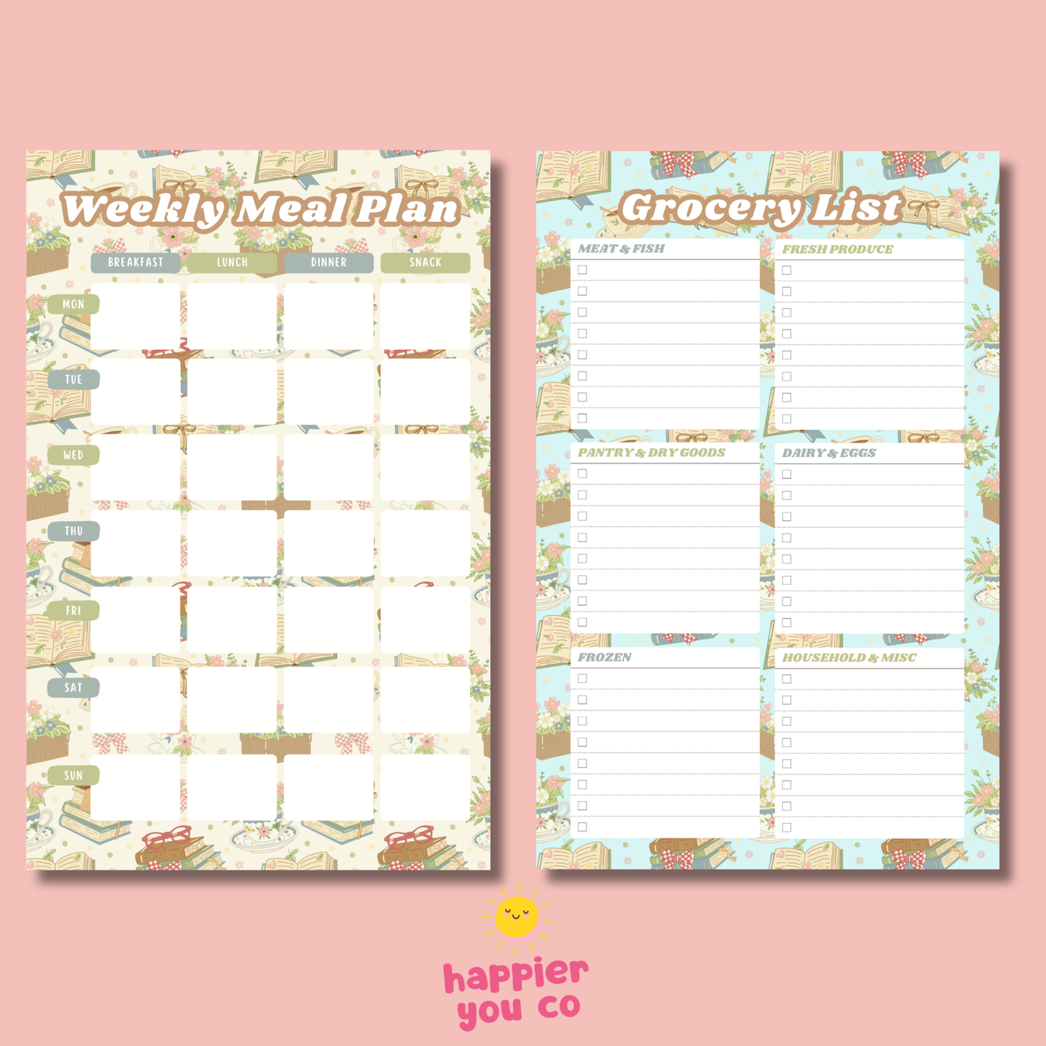 Weekly meal plan and grocery list on a pink background with 'happier you co' logo