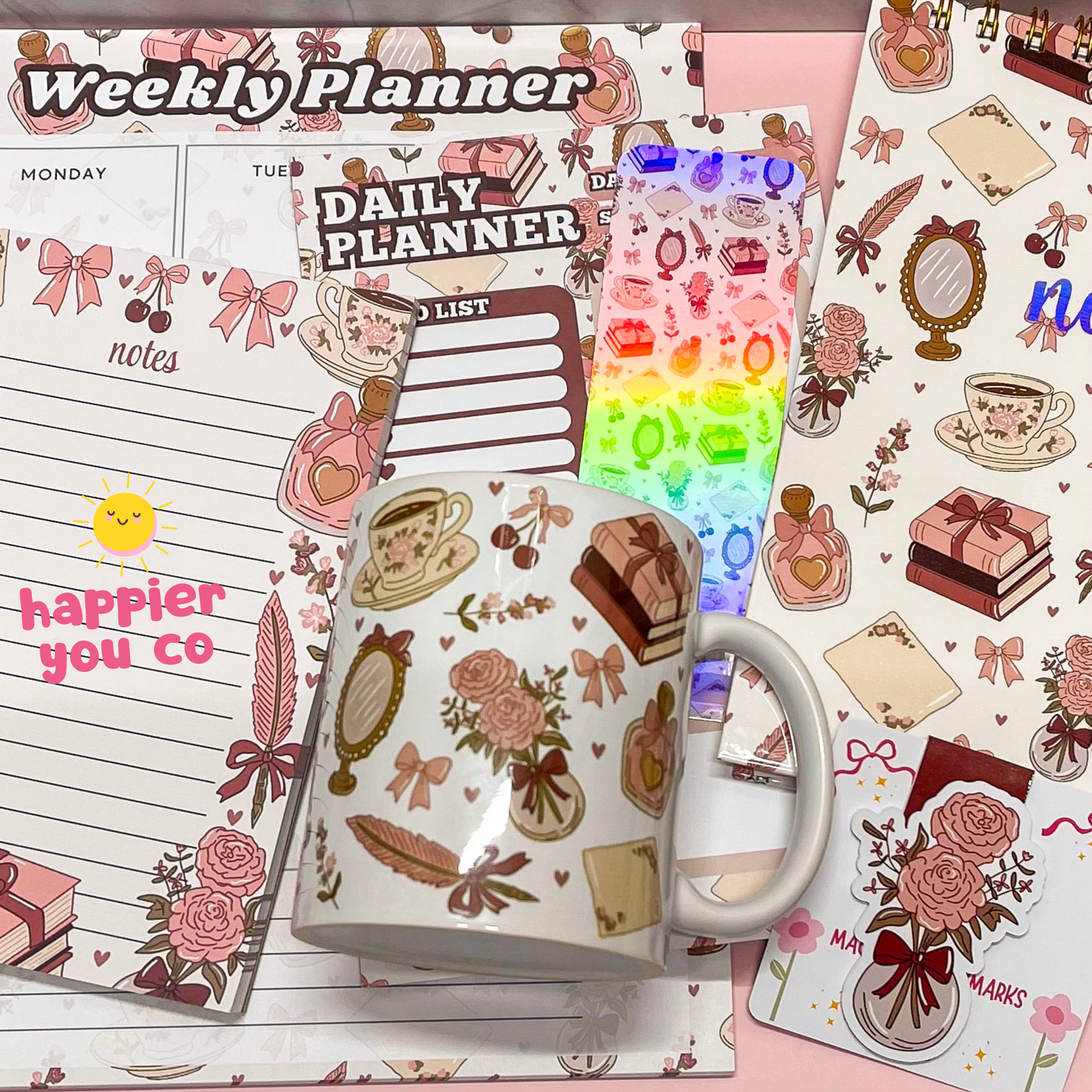 A variety of bow and girly artwork on a variety of products