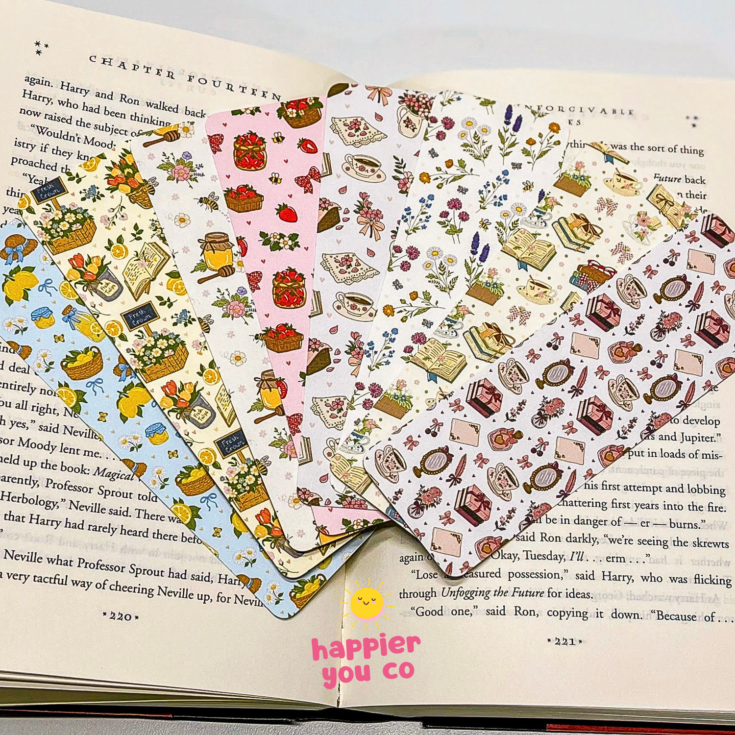 A variety of bookmarks with a holographic finish with different colorful designs