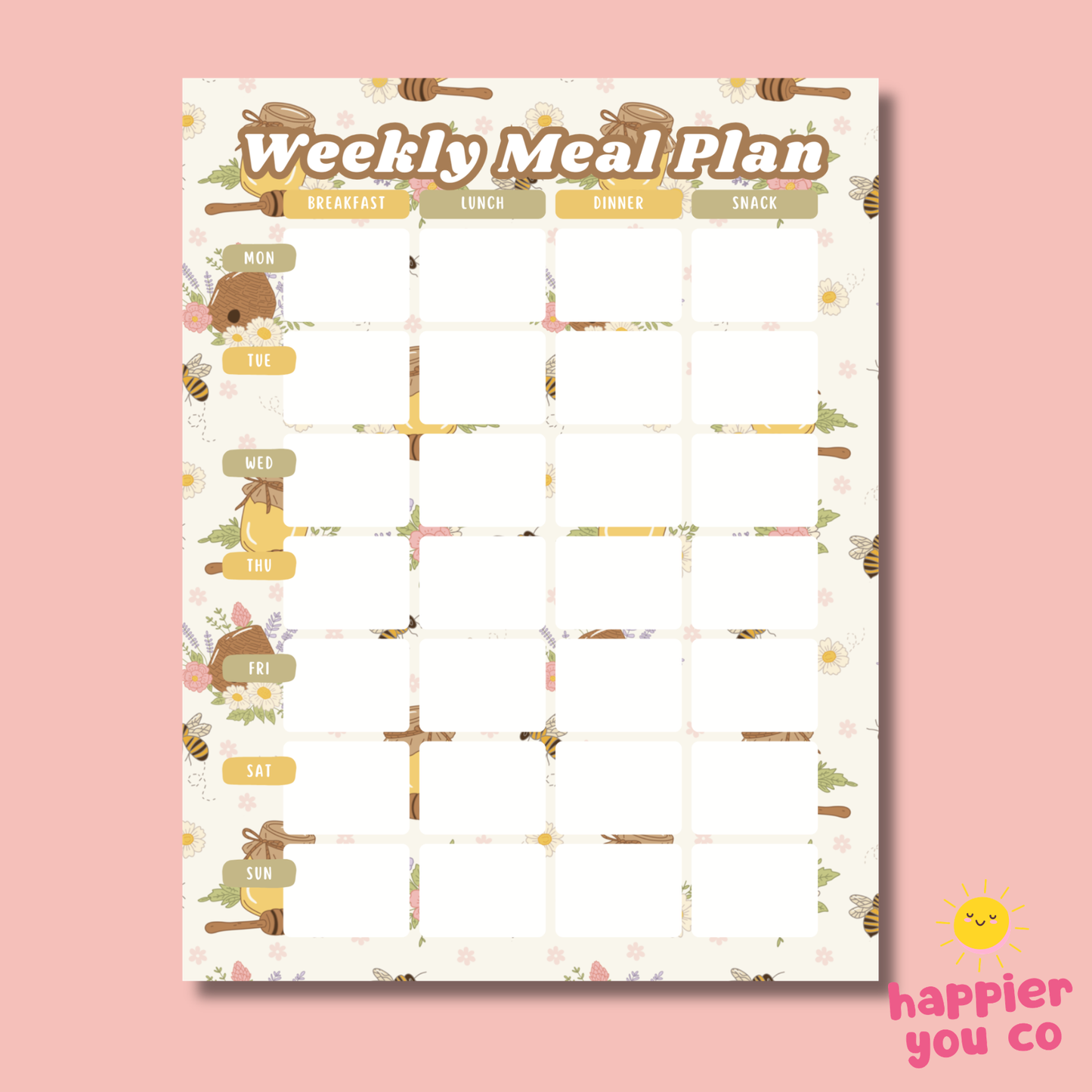 Weekly meal plan template with nature-themed design on a pink background