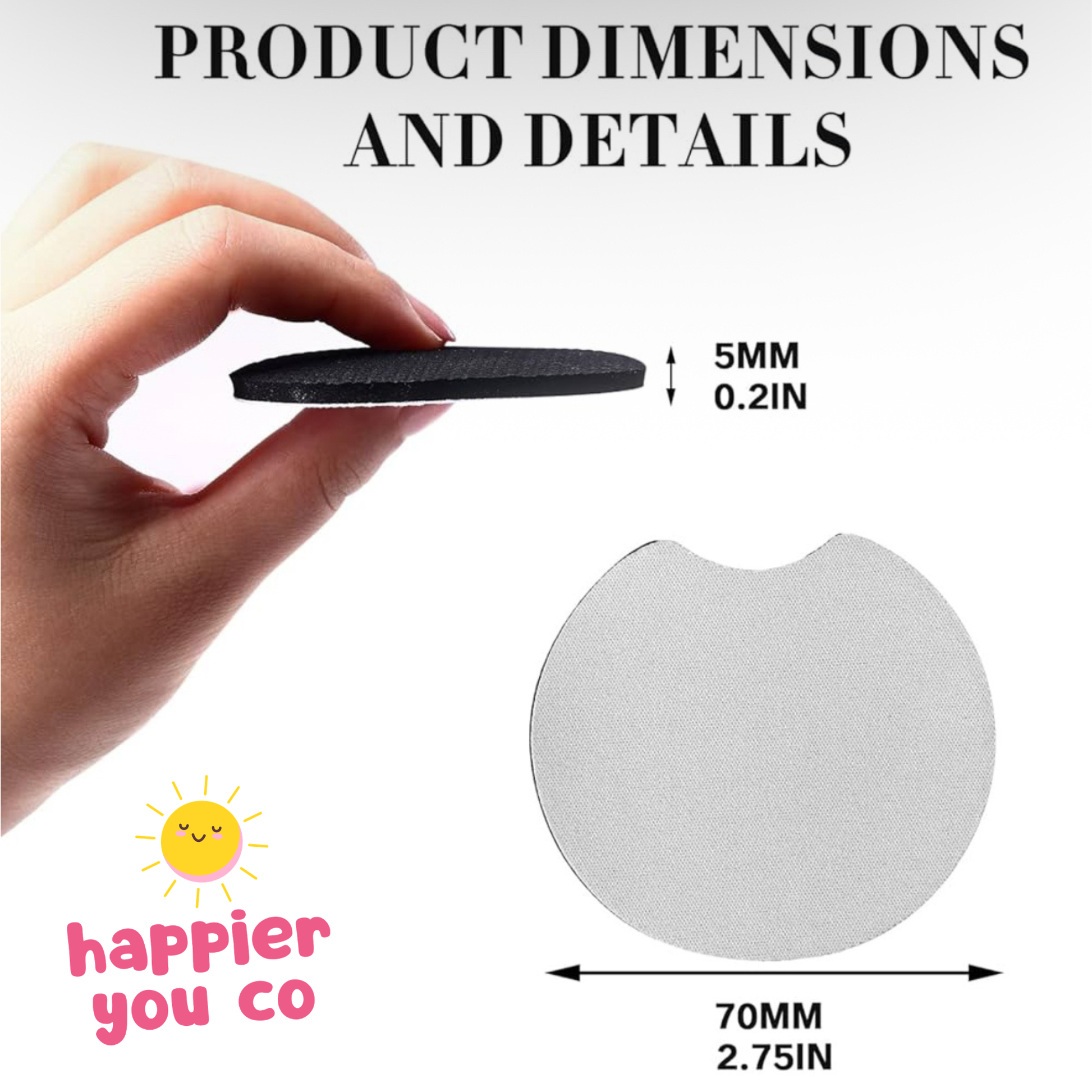 Hand holding a small round product with dimensions labeled, featuring the 'happier you co' brand.