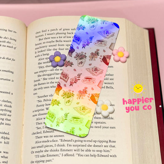 Decorative bookmark with colorful designs on an open book