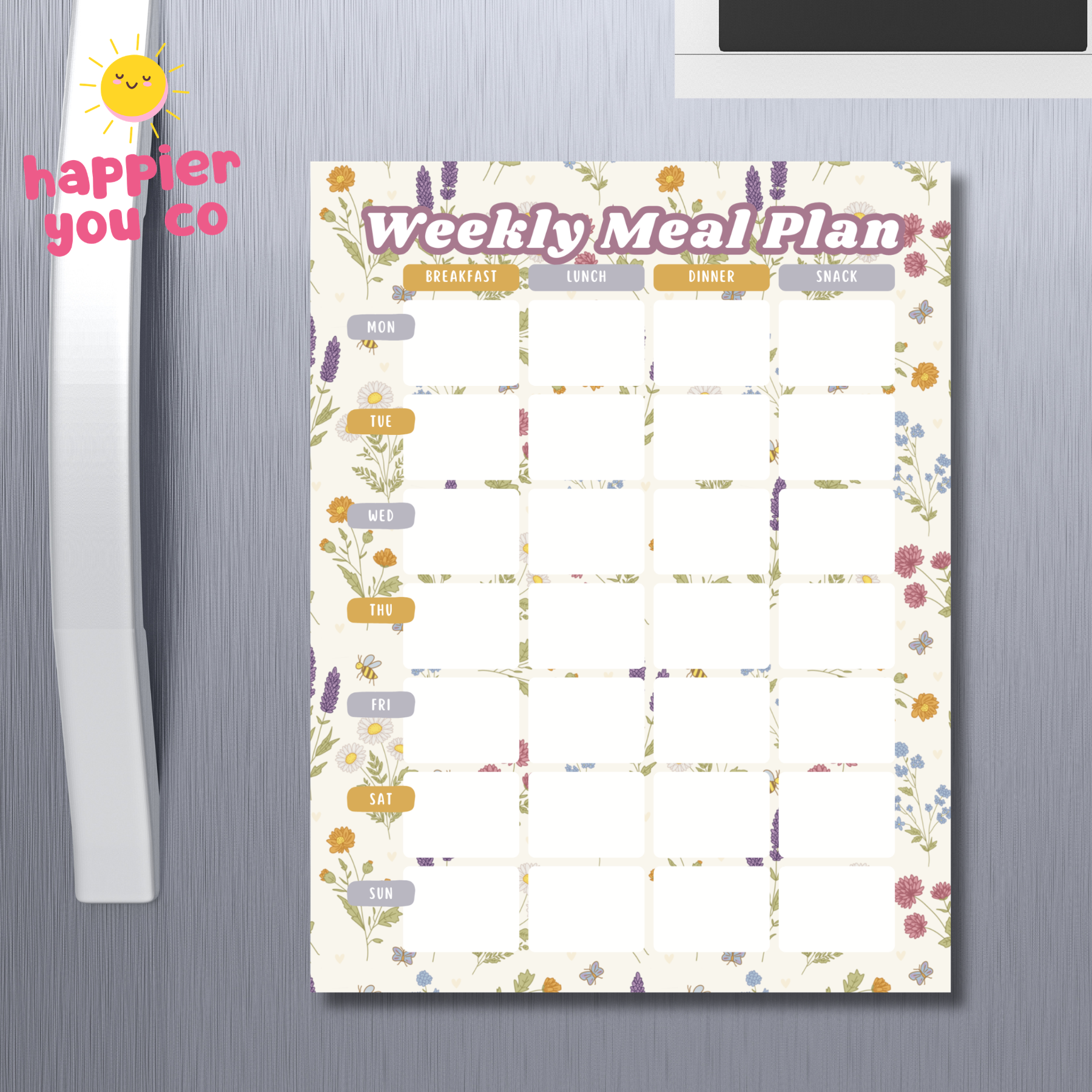 Weekly meal plan sheet with floral design on a refrigerator