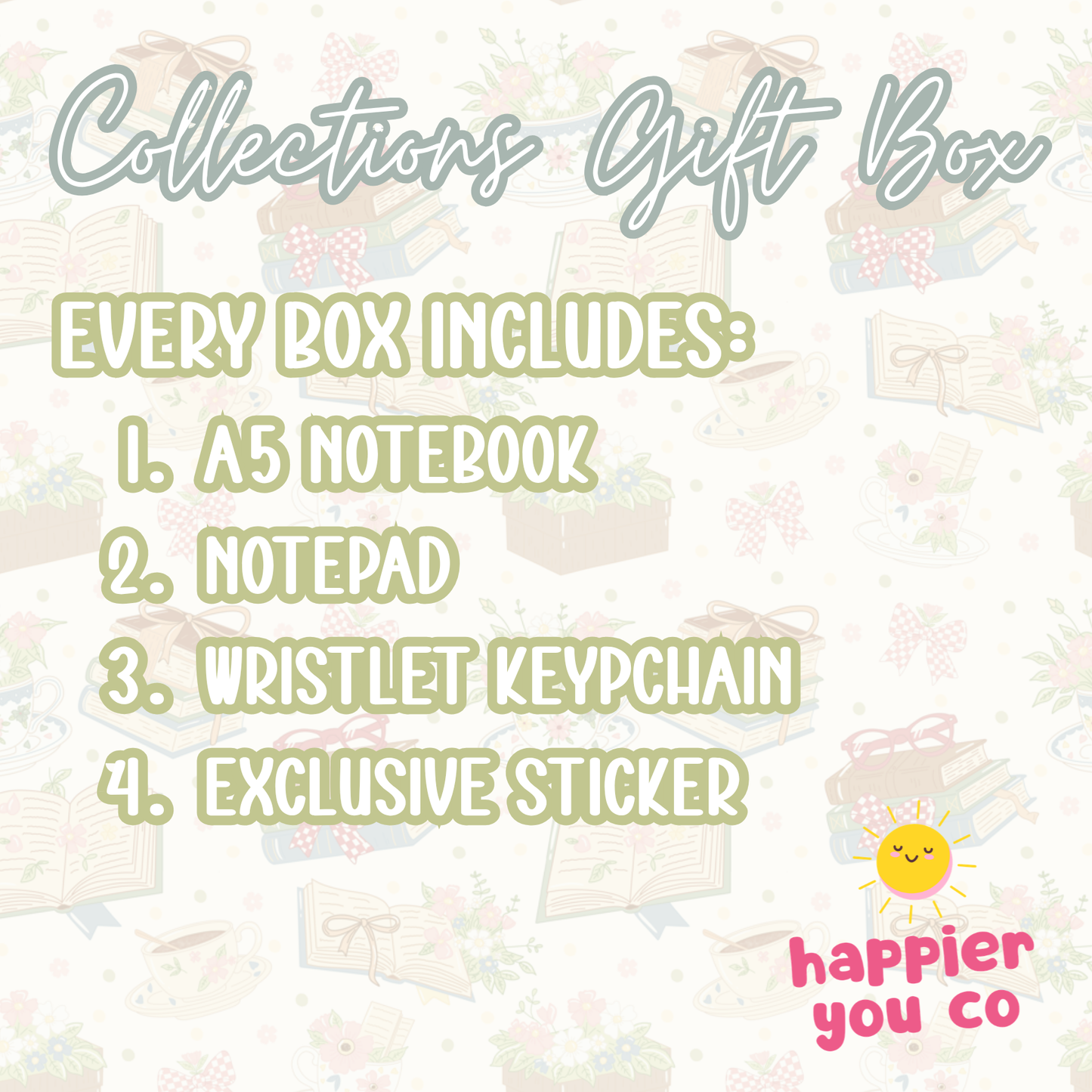 Gift box collection with a5 notebook, notepad, wristlet keychain, and exclusive sticker on a light background.