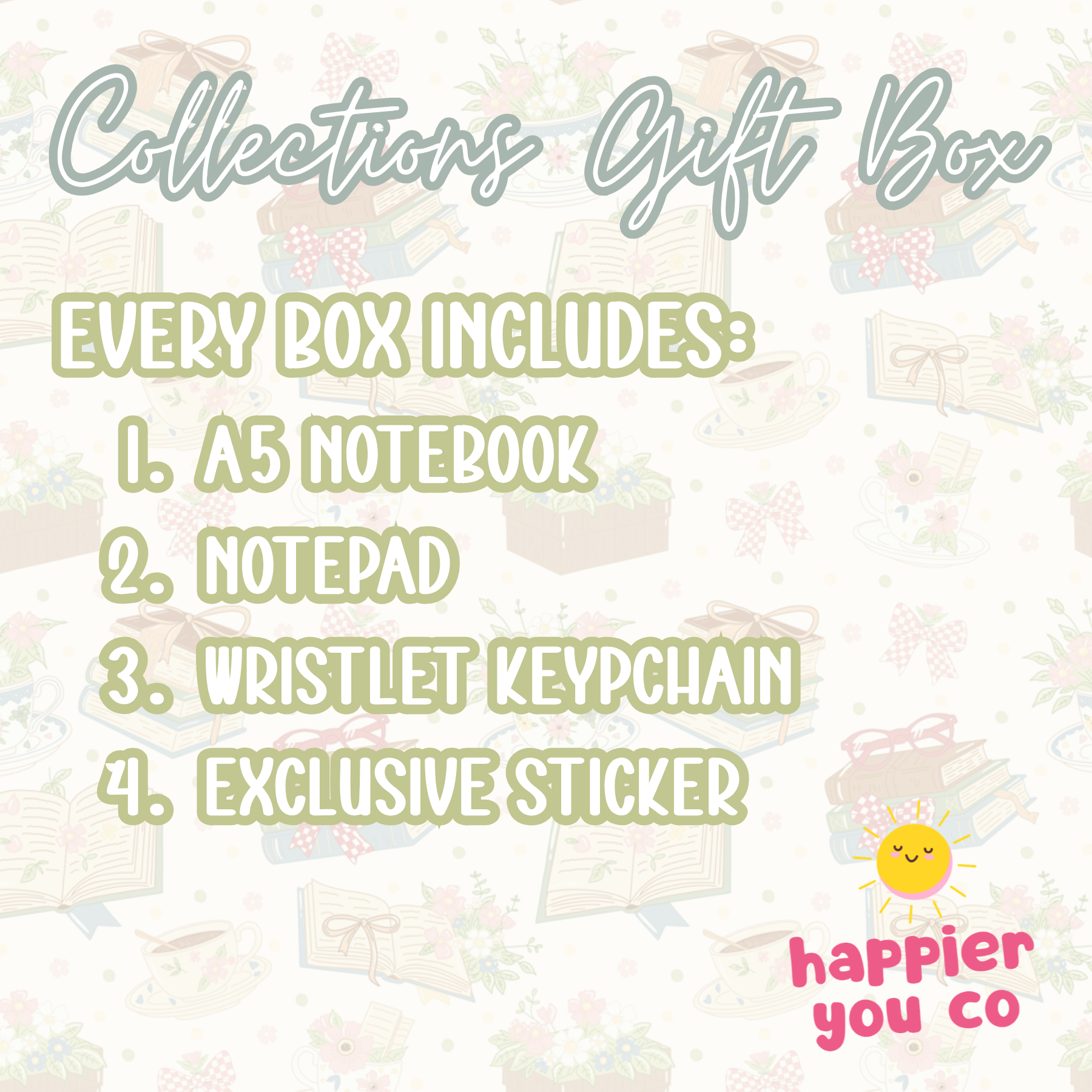 Gift box collection with a5 notebook, notepad, wristlet keychain, and exclusive sticker on a light background.