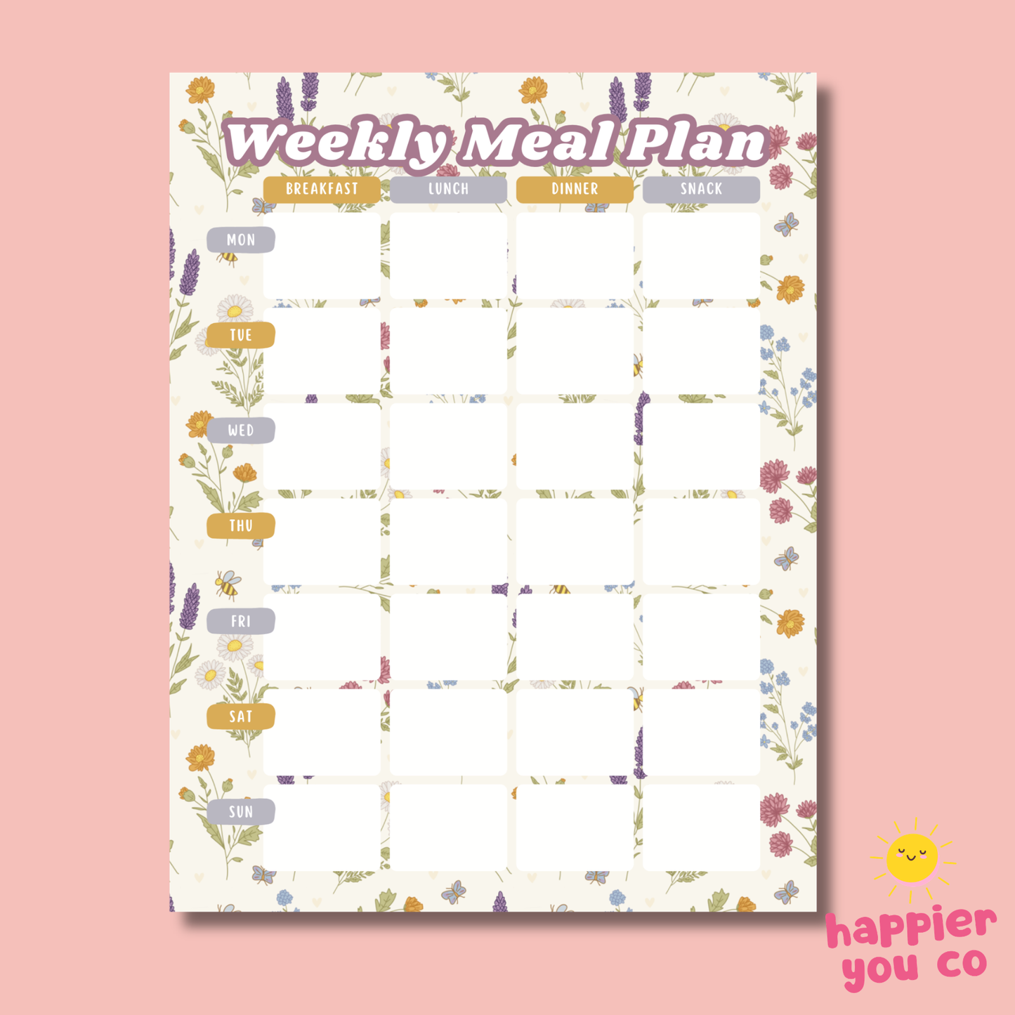 Weekly meal plan sheet with floral design on a pink background