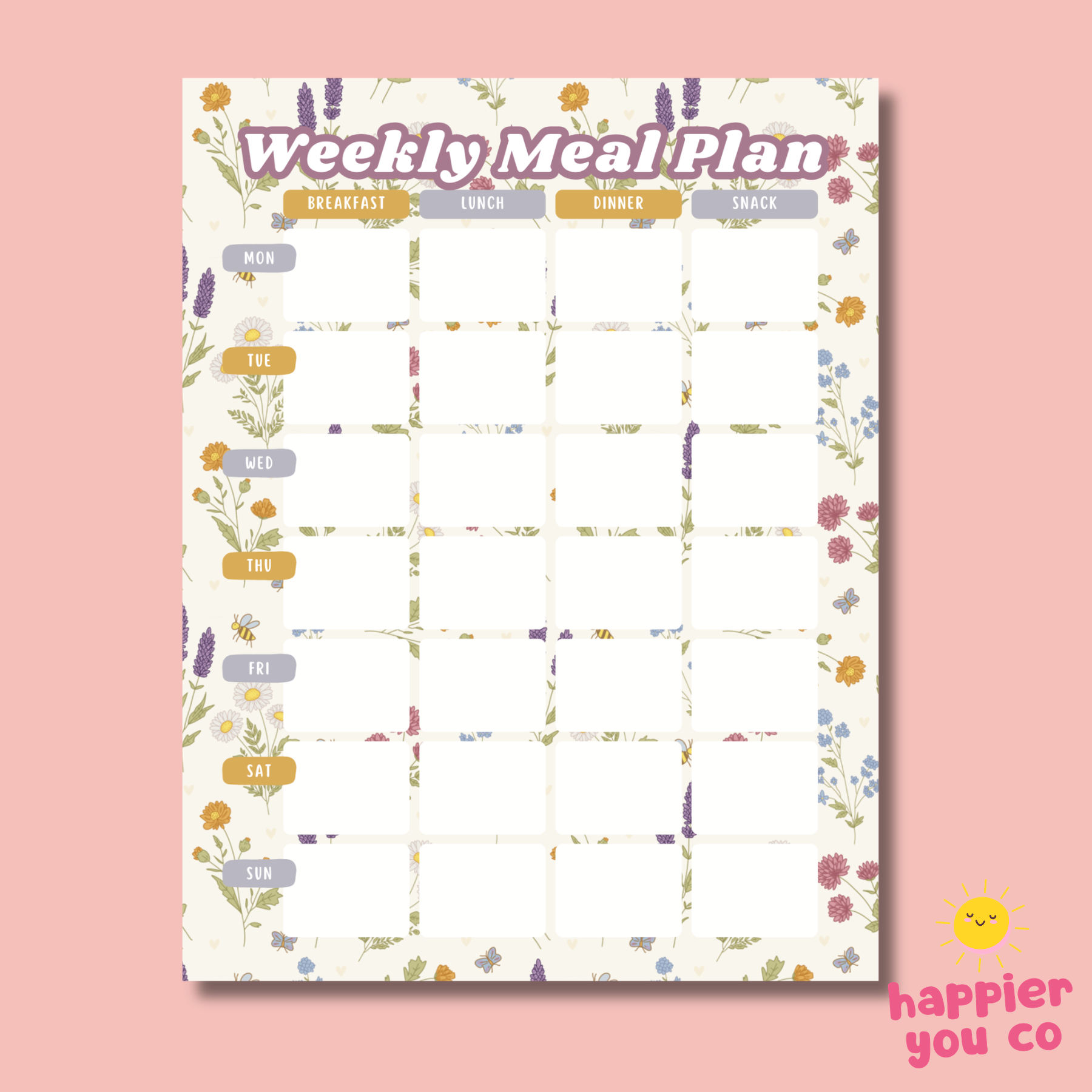 Weekly meal plan sheet with floral design on a pink background
