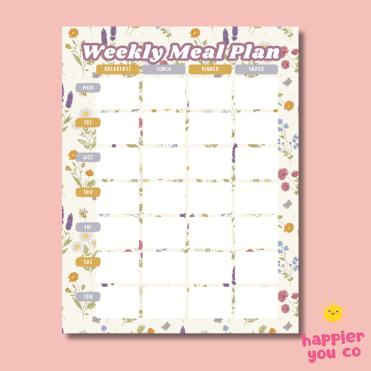 Weekly meal plan sheet with floral design on a pink background