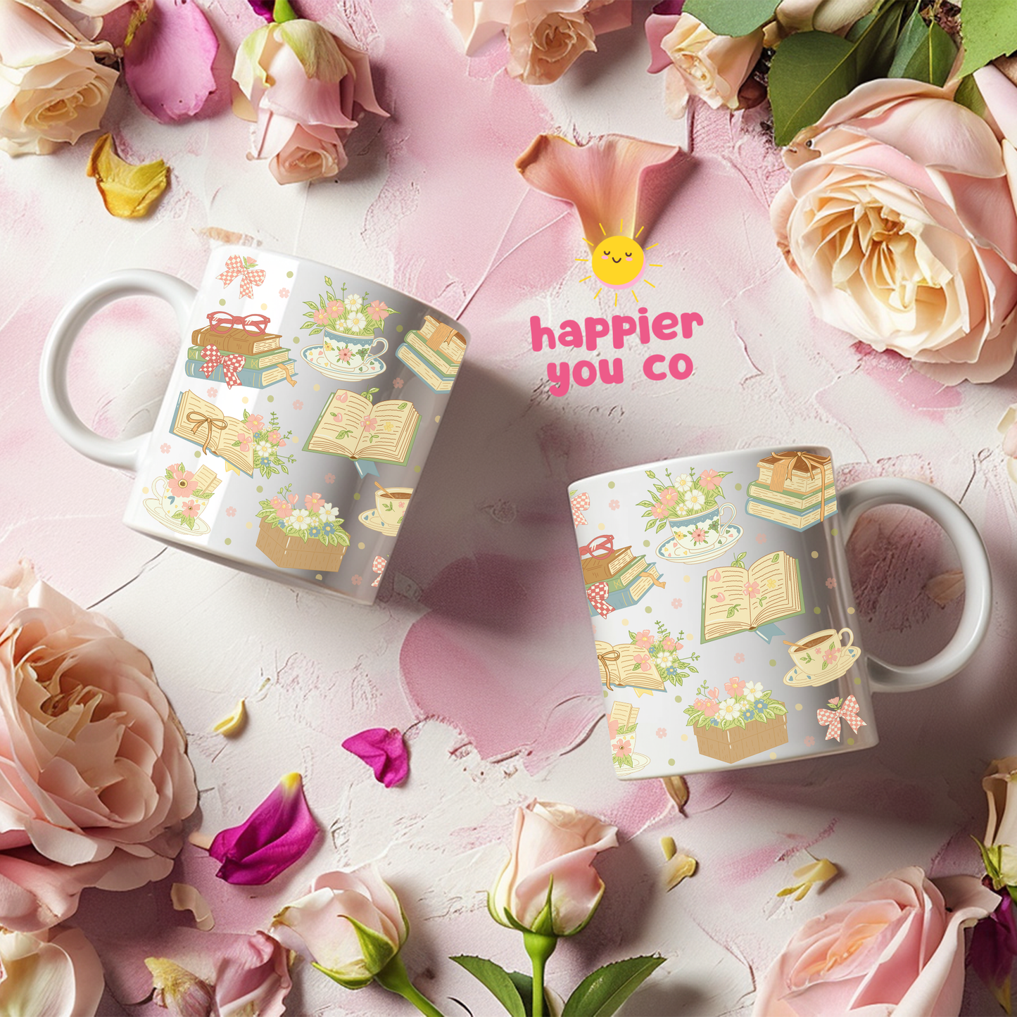 Two mugs with floral designs on a pink surface with flowers around them.