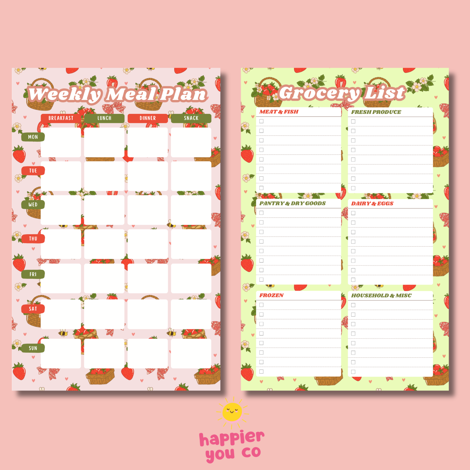 Two meal planning sheets with a strawberry pattern on a pink background, featuring 'happier you co' branding.