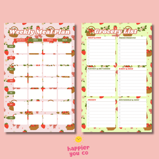 Two meal planning sheets with a strawberry pattern on a pink background, featuring 'happier you co' branding.