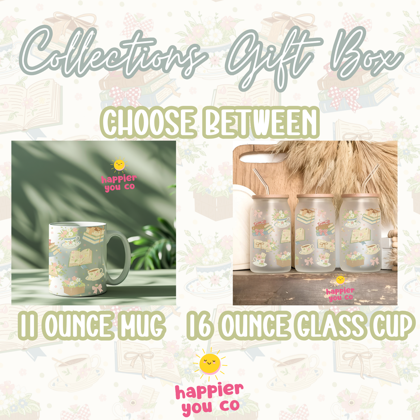 Promotional image for 'Collections Gift Box' with mugs and glass cups, featuring the brand 'happier you co'.