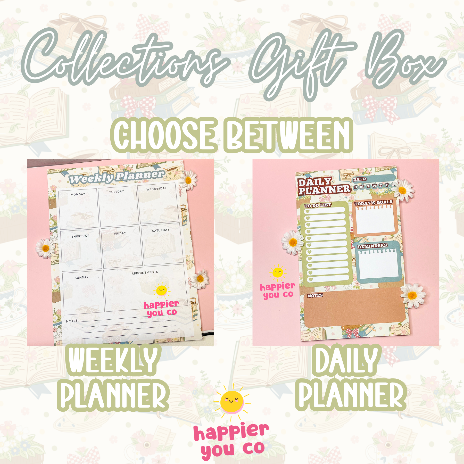 Two planner designs with 'happier you co' branding on a decorative background.