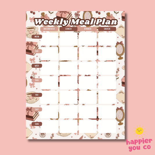 Weekly meal plan template with illustrations on a pink background, featuring the brand 'happier you co'.