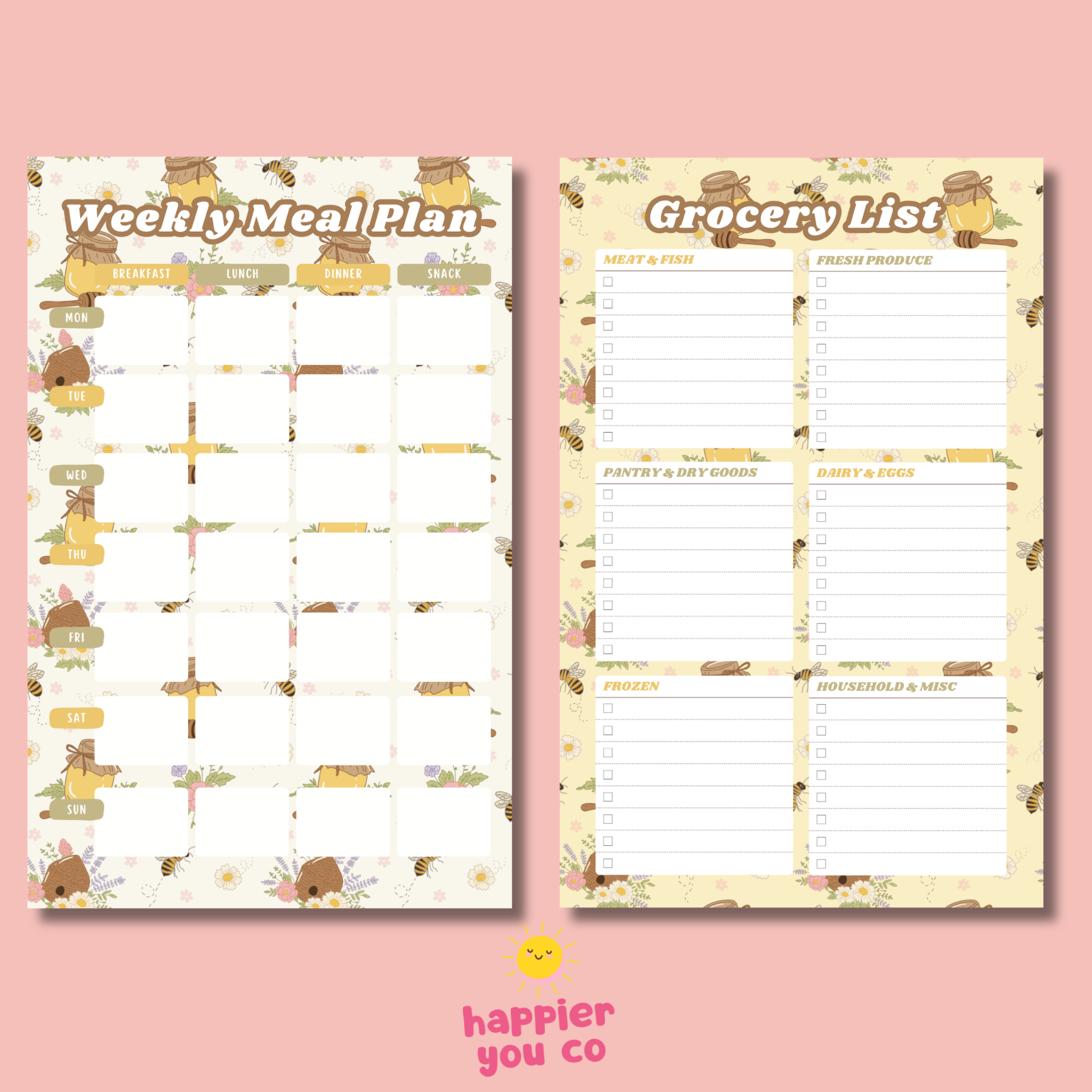 Two planner sheets for weekly meal planning and grocery list on a pink background with 'happier you co' branding.