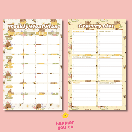 Two planner sheets for weekly meal planning and grocery list on a pink background with 'happier you co' branding.