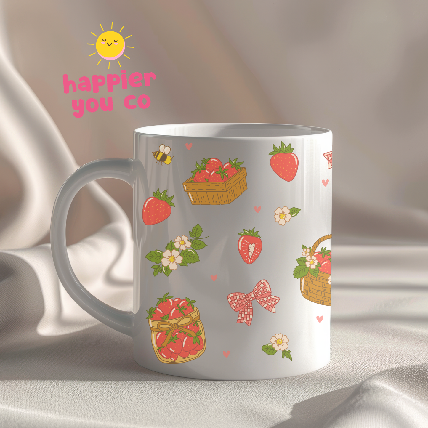 Mug with strawberry and basket pattern on a neutral background