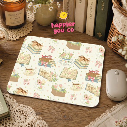 Decorative mouse pad with book and flower pattern on a wooden desk.