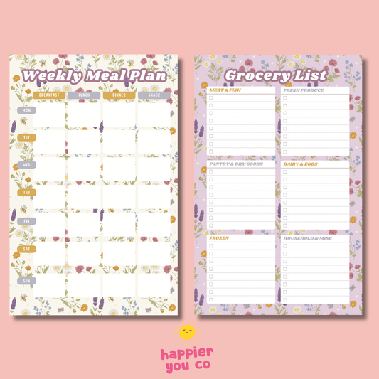 Two planner sheets for weekly meal planning and grocery list on a pink background with 'happier you co' branding.