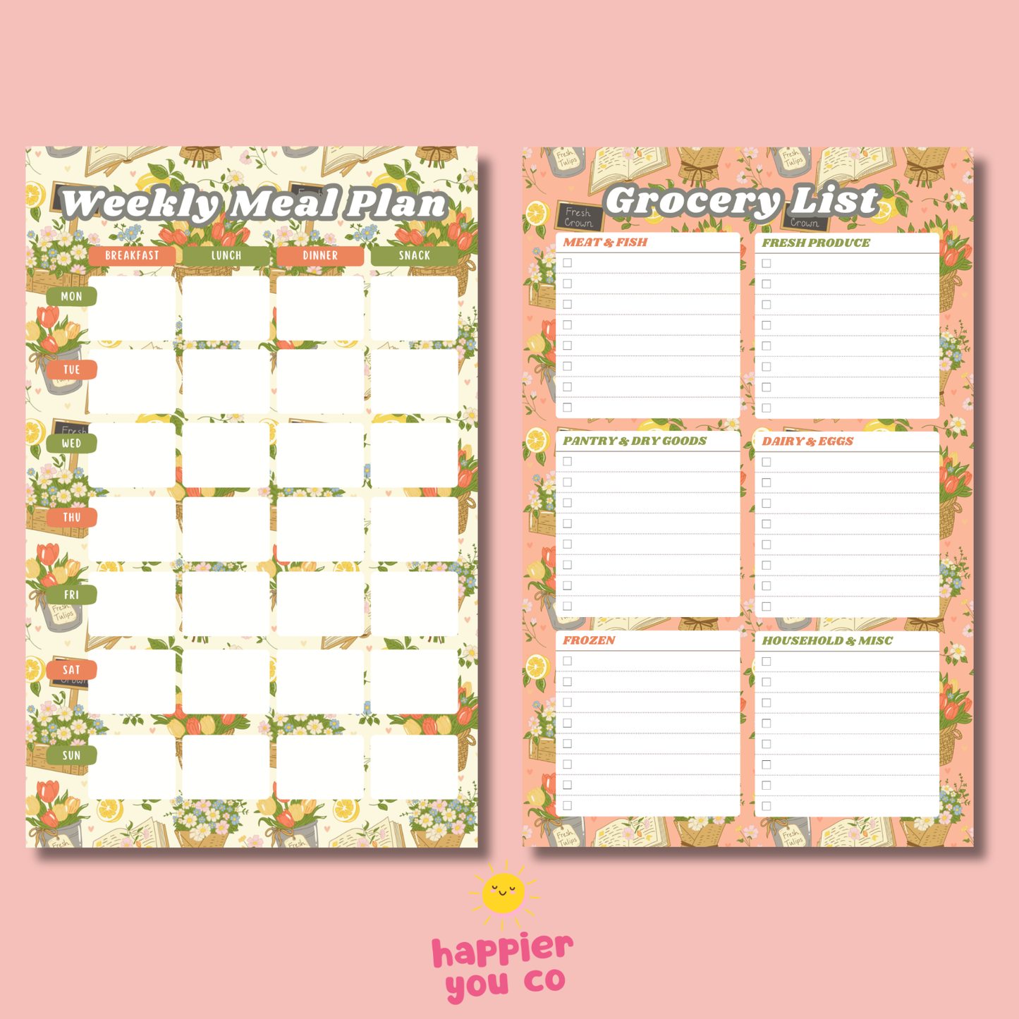 Two planner sheets for weekly meal planning and grocery list on a pink background with 'happier you co' branding.