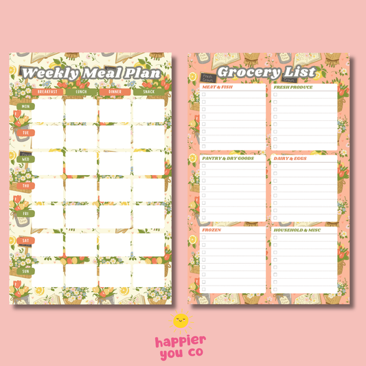 Two planner sheets for weekly meal planning and grocery list on a pink background with 'happier you co' branding.