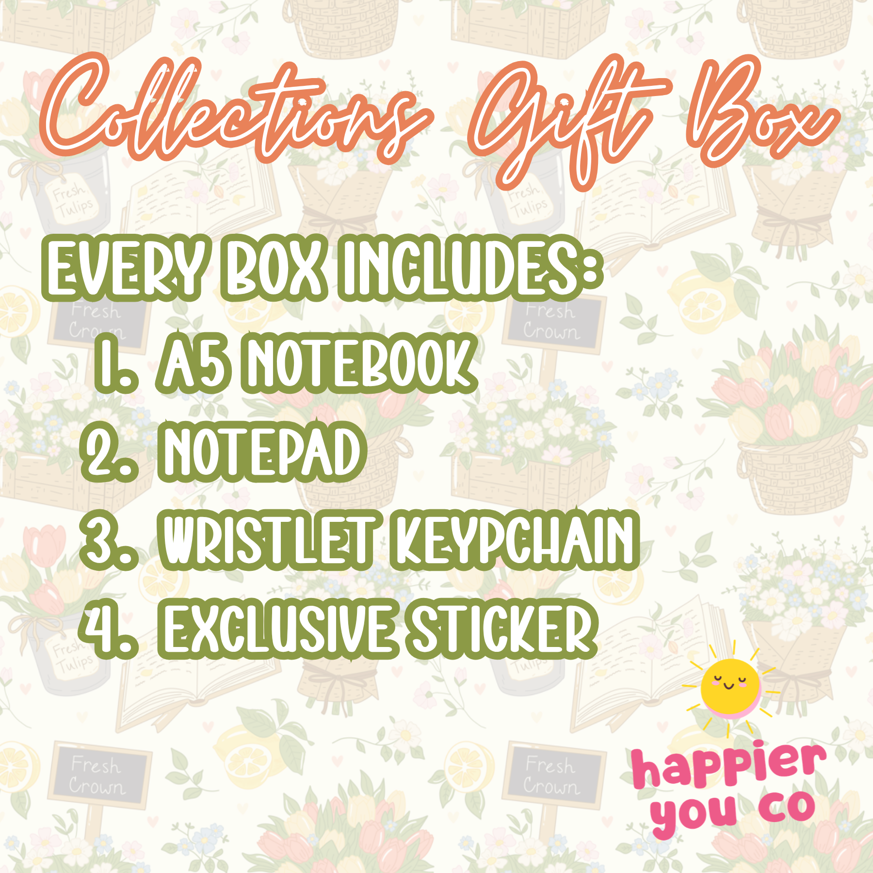 Gift box collection with a5 notebook, notepad, wristlet keychain, and exclusive sticker on a light background.