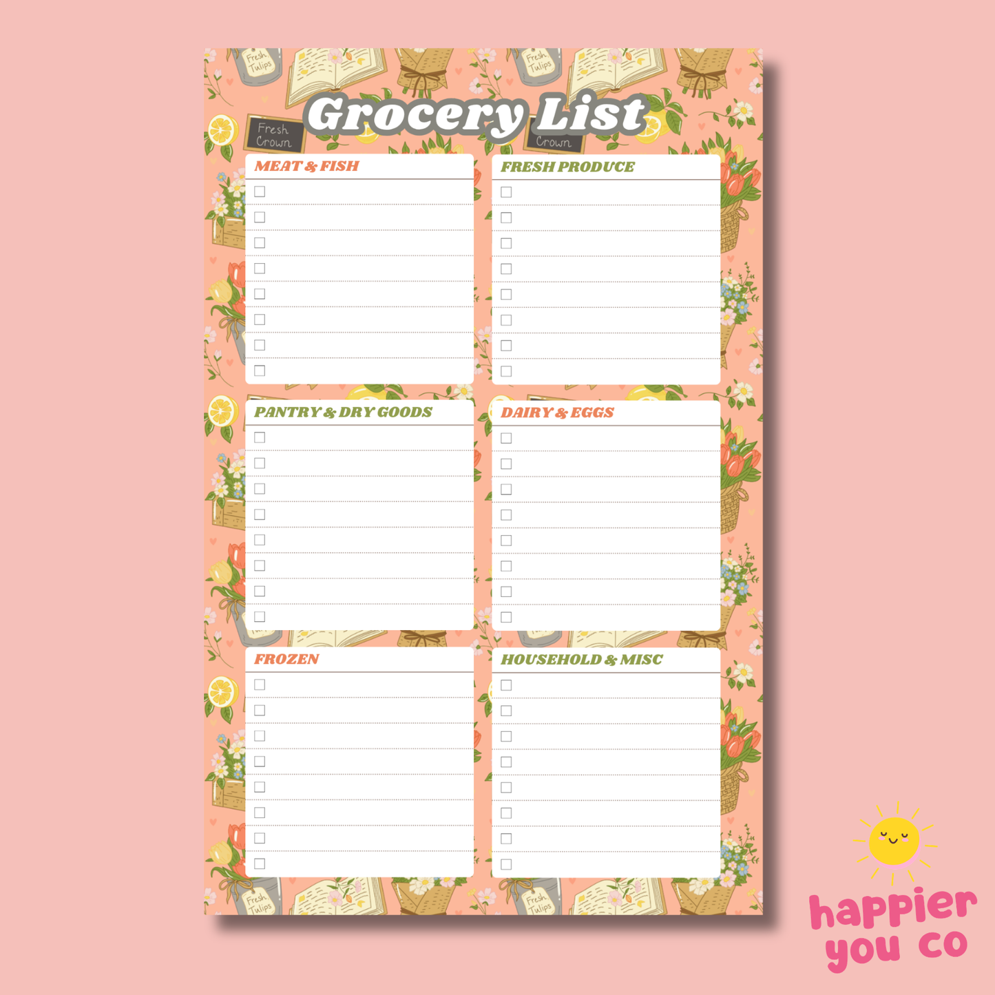 Grocery list notepad with colorful border on a pink background