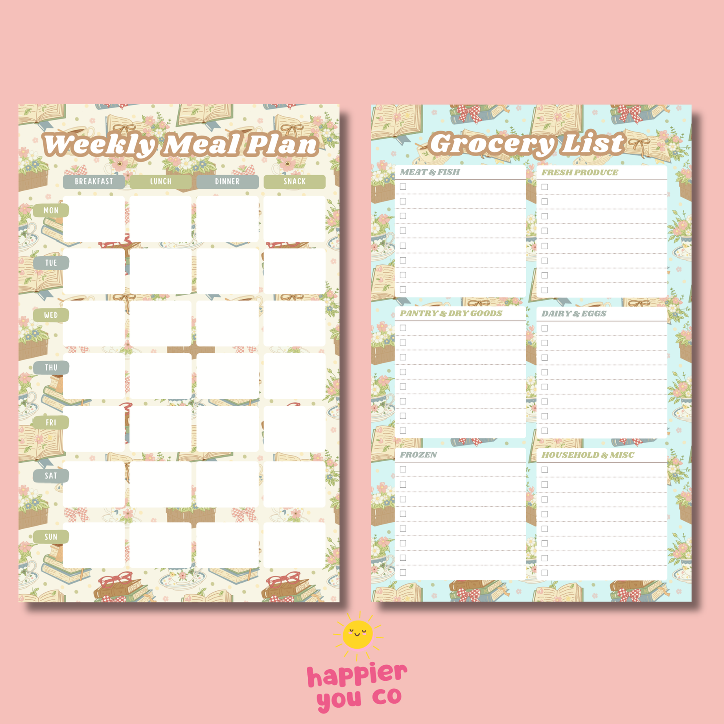 Two planner sheets, one for weekly meal plan and one for grocery list, on a pink background with 'happier you co' branding.
