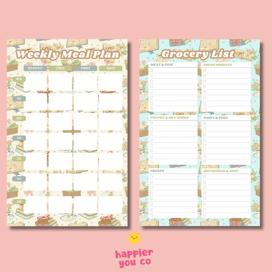 Two planner sheets, one for weekly meal plan and one for grocery list, on a pink background with 'happier you co' branding.