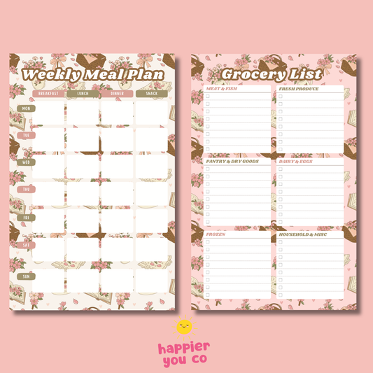 Two planner sheets for weekly meal planning and grocery list on a pink background with 'happier you co' branding.