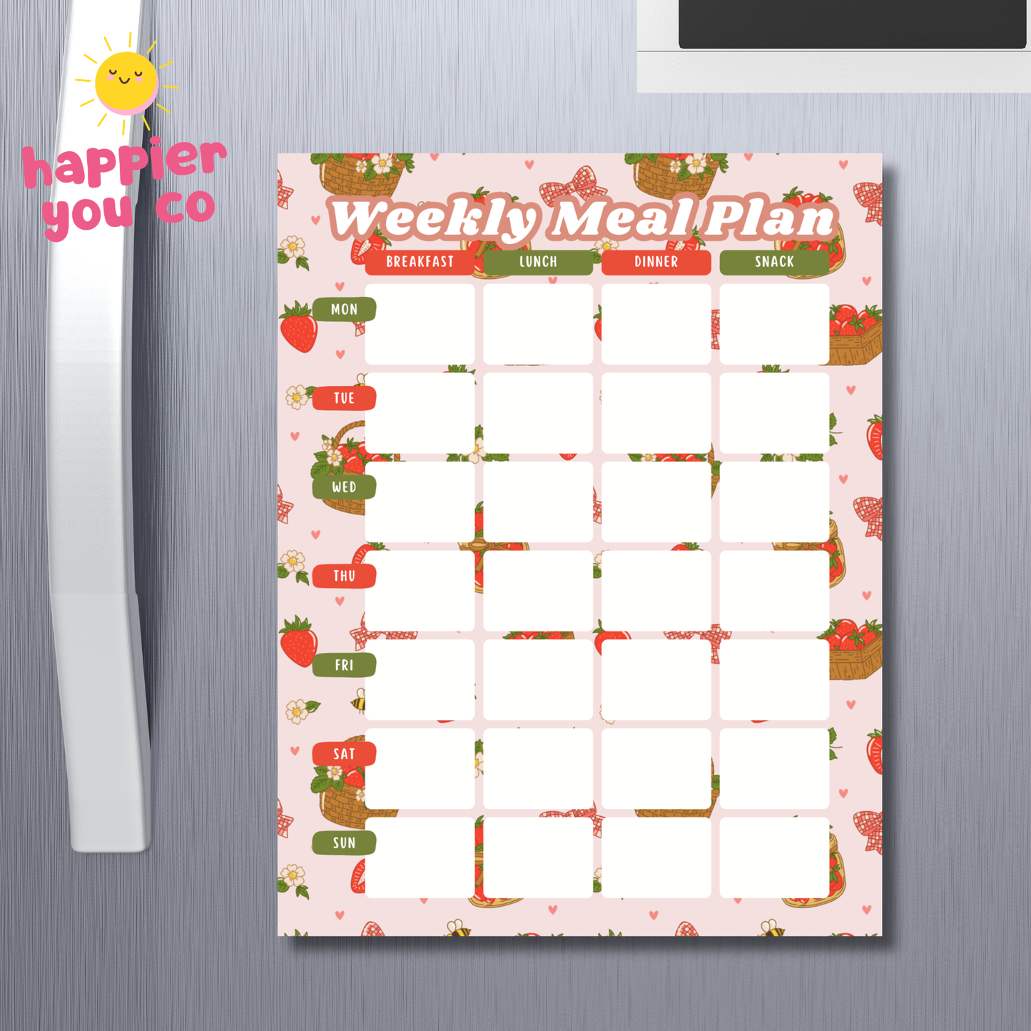 Weekly meal plan chart on a refrigerator with 'happier you co' branding.