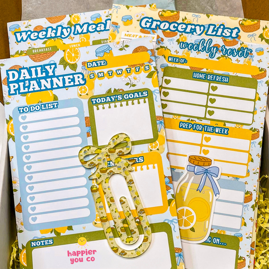 Set of planner stickers with daily planner, grocery list, and other notes on a colorful background.