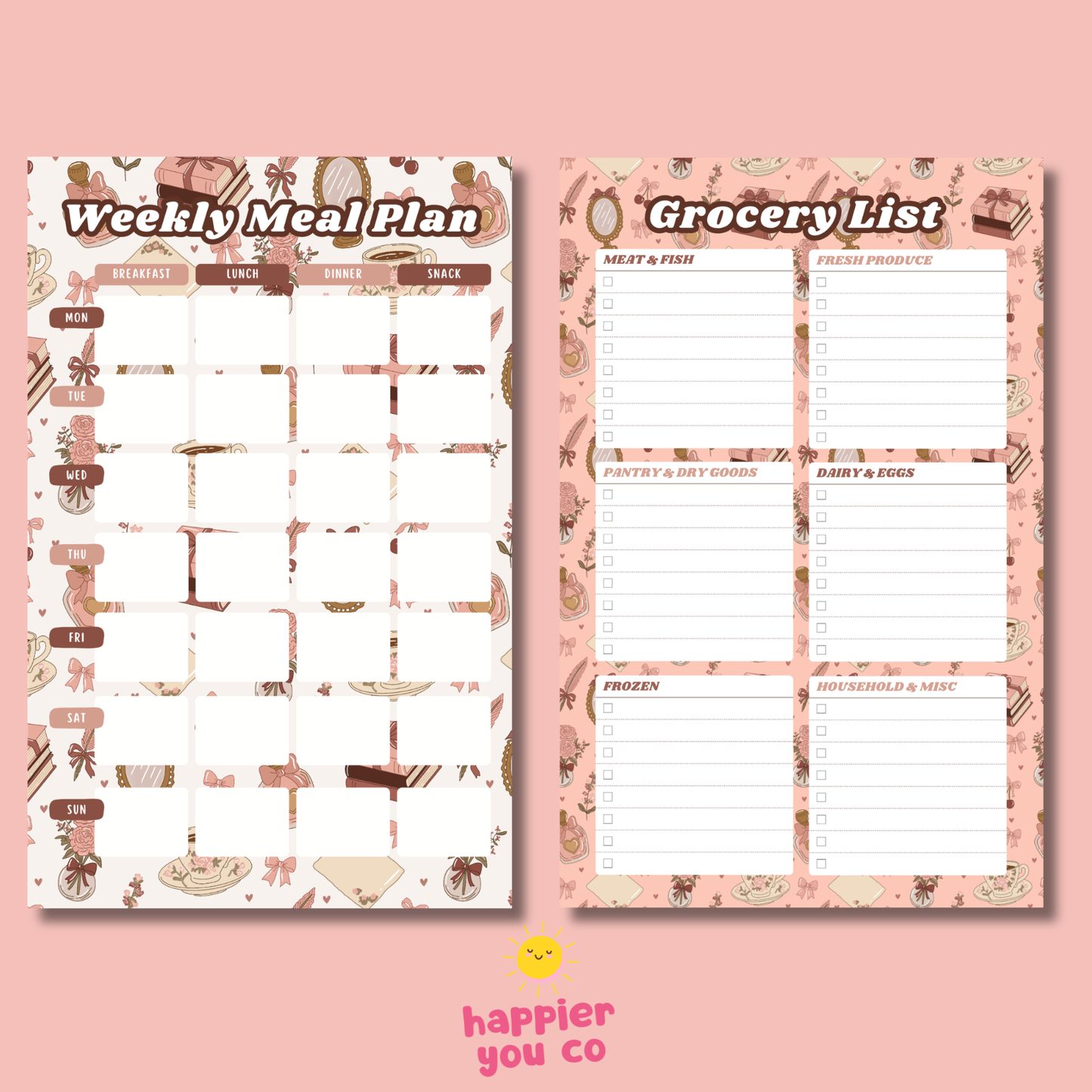 Weekly meal plan and grocery list on a pink background with 'happier you co' branding.