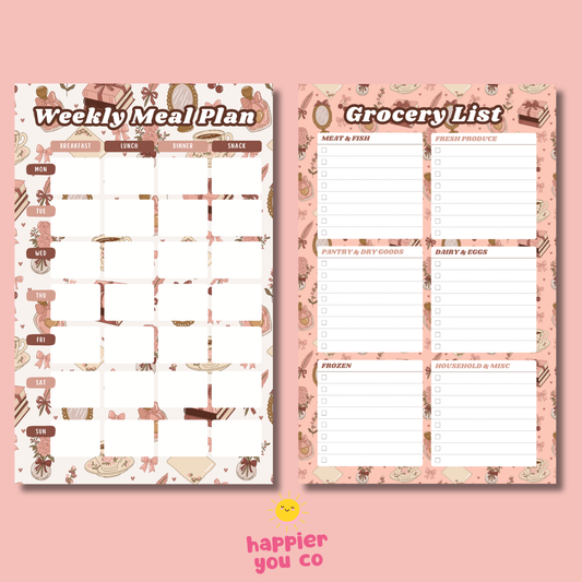 Weekly meal plan and grocery list on a pink background with 'happier you co' branding.