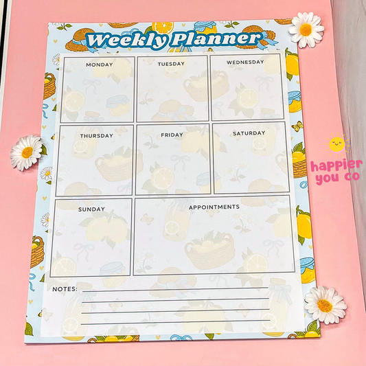 Weekly planner with cartoon design on a pink background
