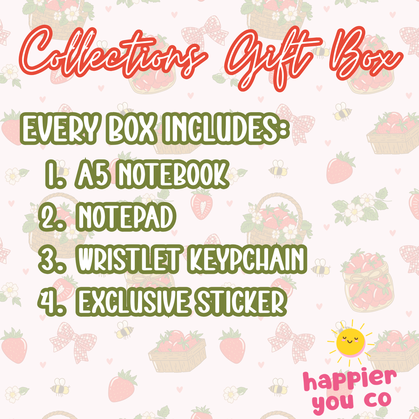 Product description for a 'Collections Gift Box' with items listed on a decorative background.