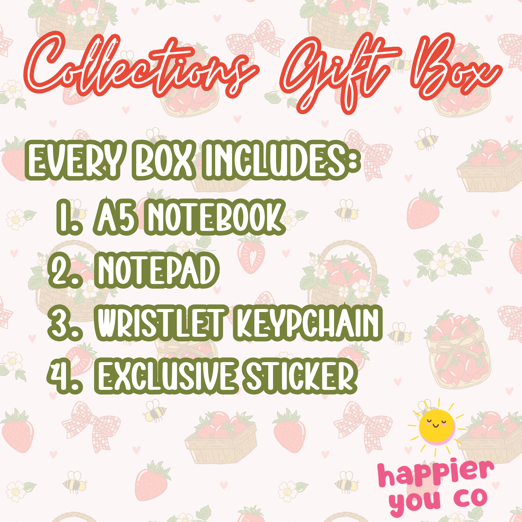 Product description for a 'Collections Gift Box' with items listed on a decorative background.