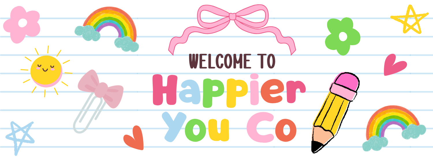 Decorative banner with colorful elements and 'Welcome to Happier You Co' text on a lined paper background.