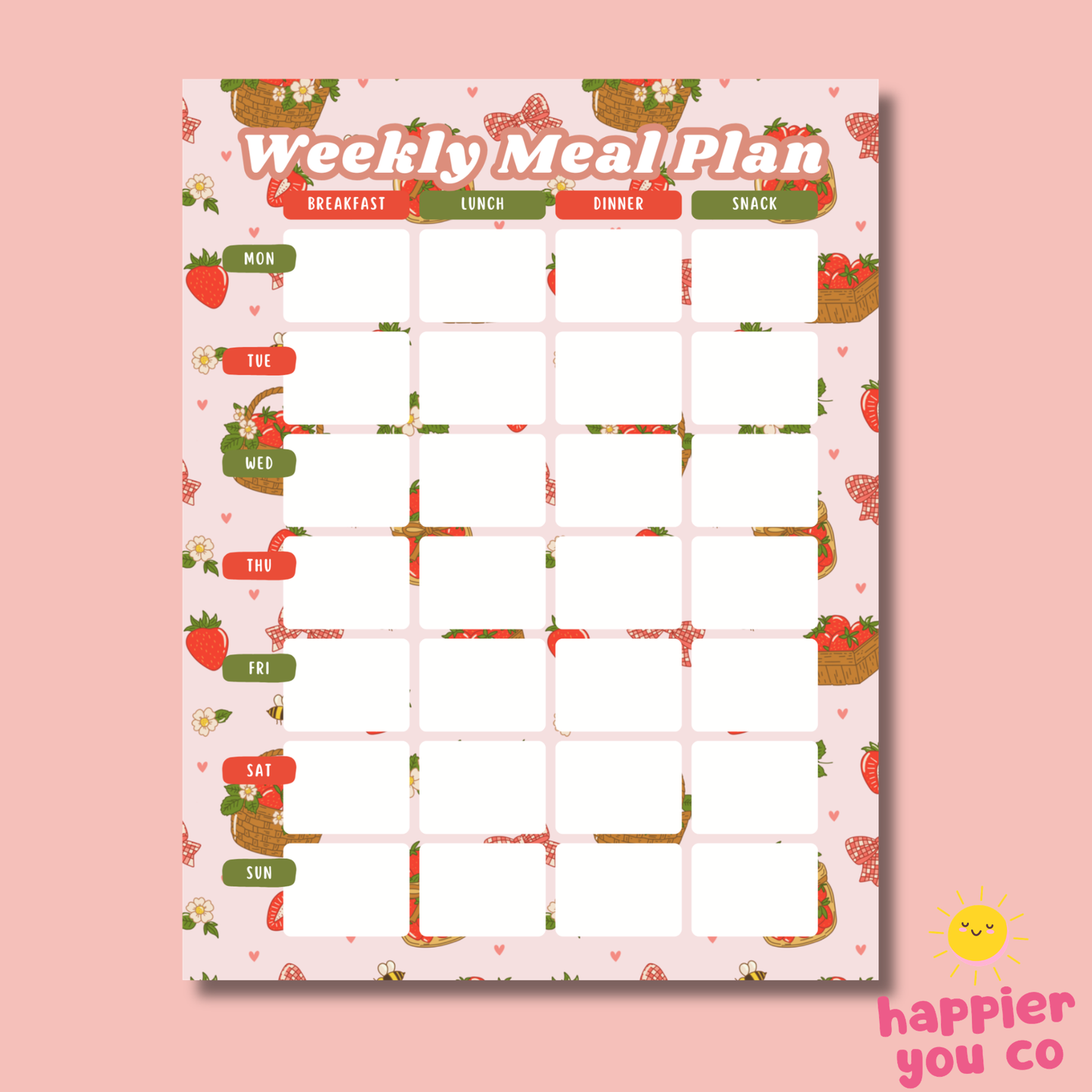 Weekly meal plan chart with strawberry pattern on a pink background