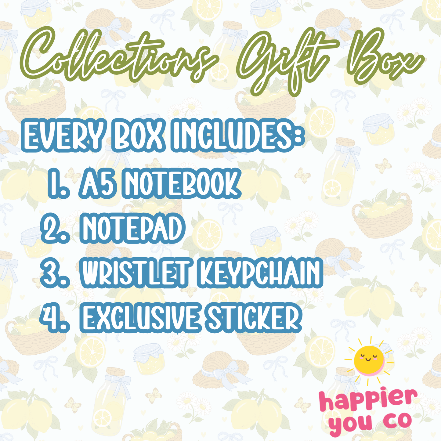 Promotional graphic for a 'Collections Gift Box' with items included and branding.