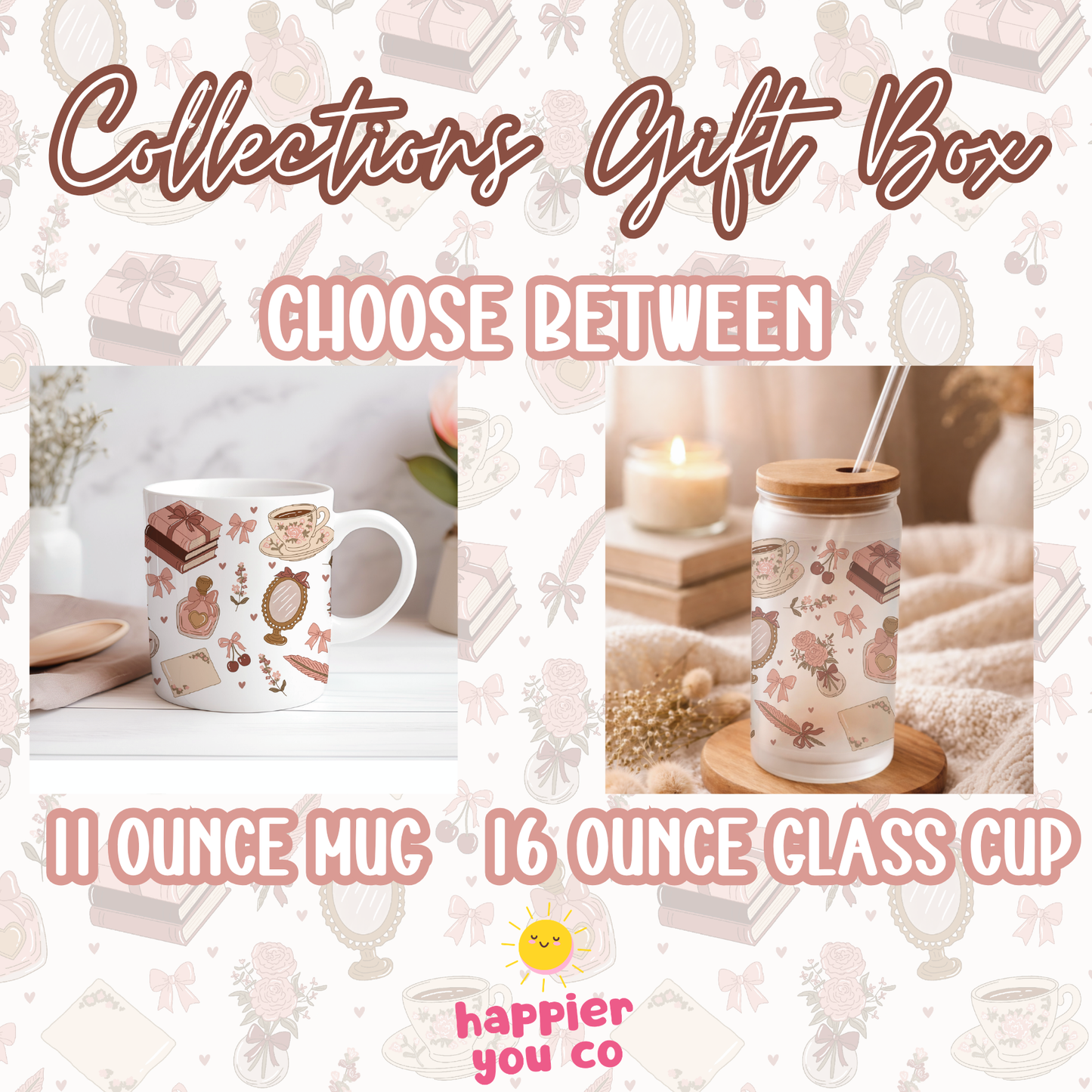 Promotional graphic for 'Collections Gift Box' with a mug and glass cup on a patterned background.