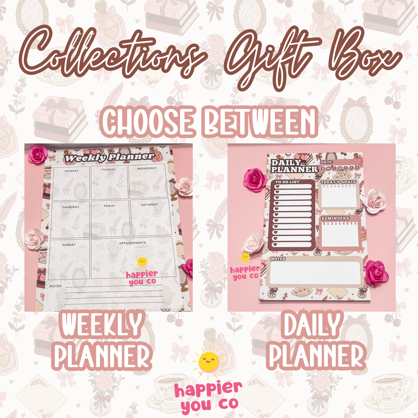 Weekly and daily planner gift box with 'happier you co' branding on a floral background.