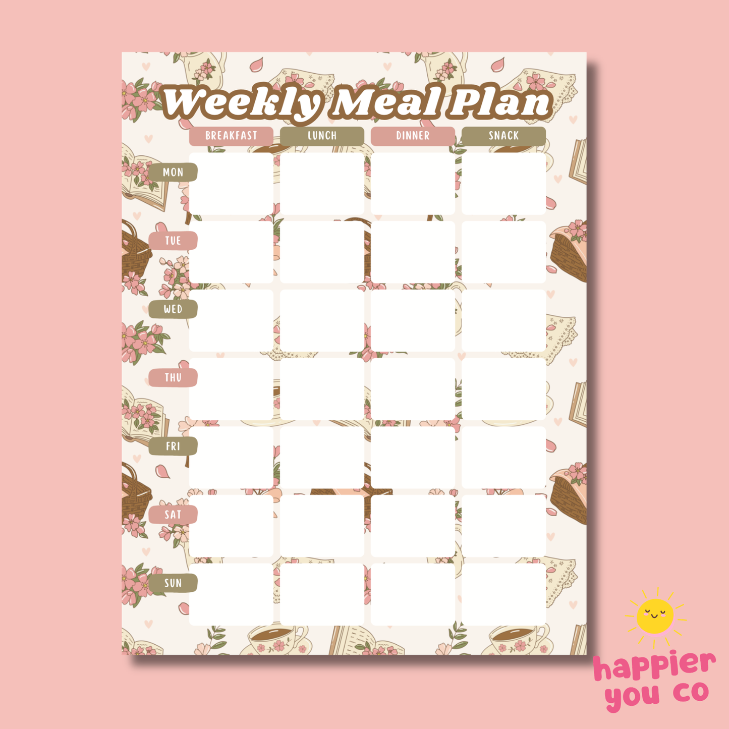 Weekly meal plan template with floral and food illustrations on a pink background